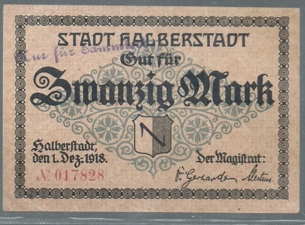 ALEMANIA GROSSNOTGELD HALBERSTADT 20 MARK 1918