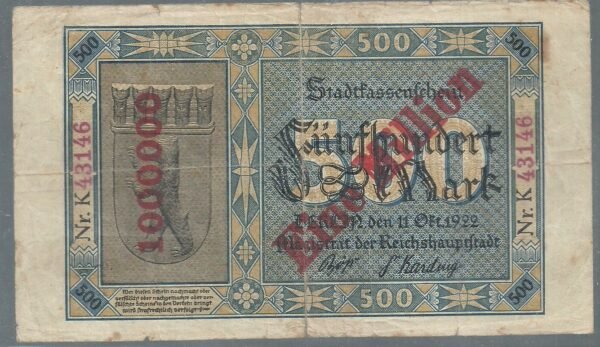 ALEMANIA INFLACION 1 MILLON RESELLADO SOBRE 500 MARK 1923
