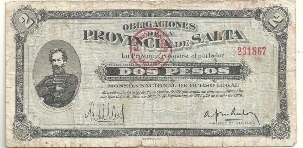 ARGENTINA 2 PESOS PROVINCIA DE SALTA  RESELLO 1933