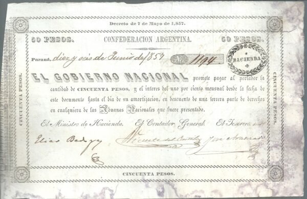 ARGENTINA 50 PESOS CONFEDERACION ARGENTINA 1857