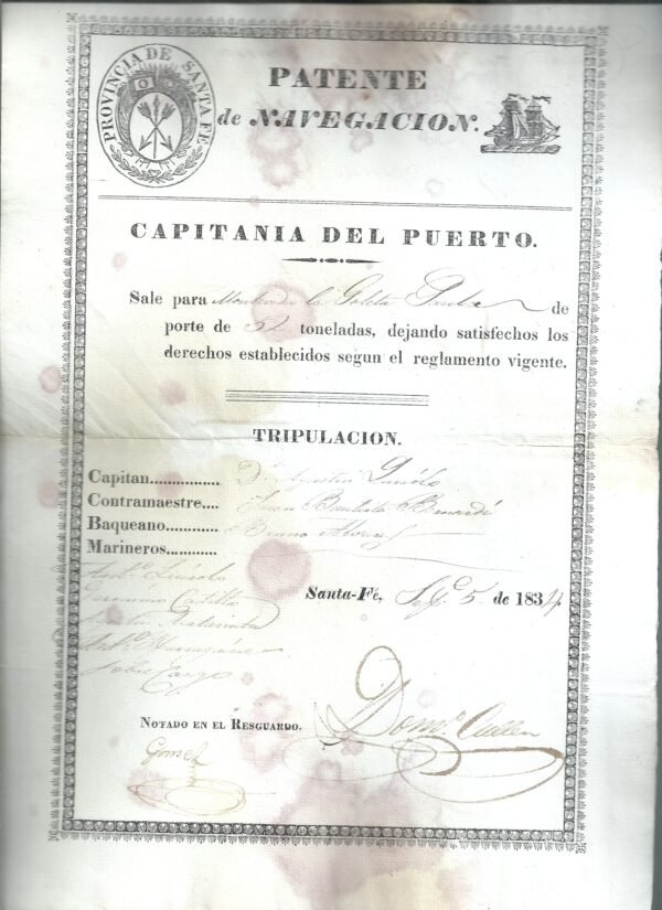 PATENTE DE NAVEGACION SANTA FE CAPITANIA PUERTO 1834