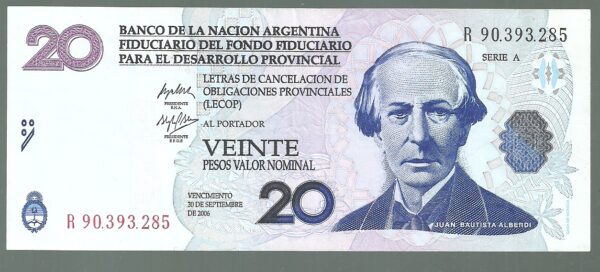 ARGENTINA BONO LECOP 20 PESOS REPOSICION COL 207 R XF
