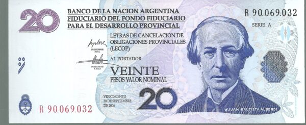 ARGENTINA BONO LECOP 20 PESOS REPOSICION COL 206 R XF /AU