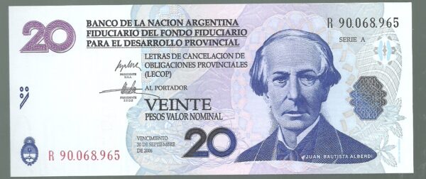 ARGENTINA BONO LECOP 20 PESOS REPOSICION COL 206 R UNC