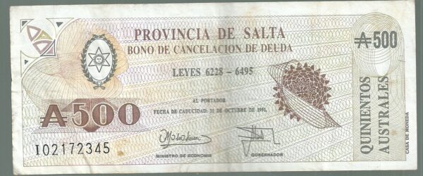 ARGENTINA BONO SALTA 500 AUSTRALES COL 071 VF+