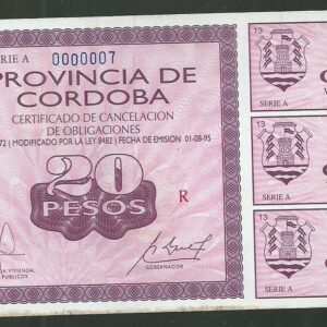 ARGENTINA BONO CORDOBA 20 PESOS REPOSICION COL 261 R XF+