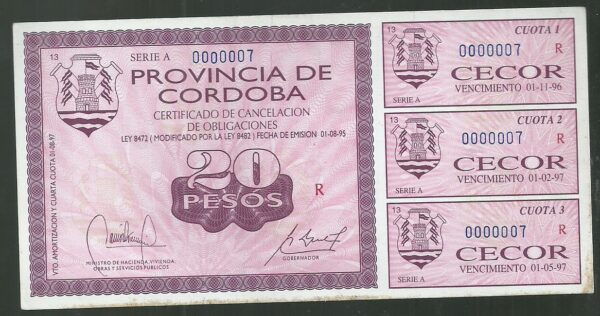 ARGENTINA BONO CORDOBA 20 PESOS REPOSICION COL 261 R XF+