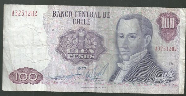 CHILE 100 pesos 1977 P 152.b SERIE A BLOCK 16 VF-