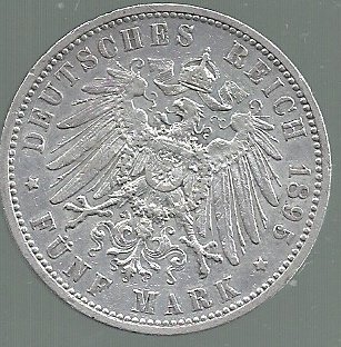 ALEMANIA PRUSIA FUNF MARK 1895 A KM 523