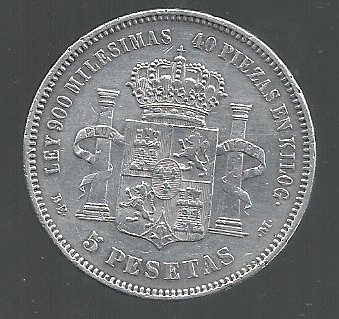 ESPAÑA 5 PESETAS 1875 18-75 - Imagen 2