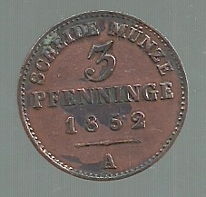 ALEMANIA PRUSIA 3 PFENNINGE 1/120 THALER 1852