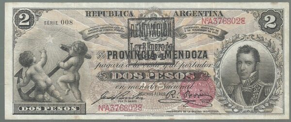 ARGENTINA 2 PESOS MENDOZA RESELLO 1894 GARANTIDO COL 132 A