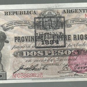ARGENTINA 2 PESOS ENTRE RIOS RESELLO 1894 GARANTIDO COL 122 D