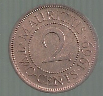 MAURITIUS 2 CENTS RUPIA 1969 KM 32