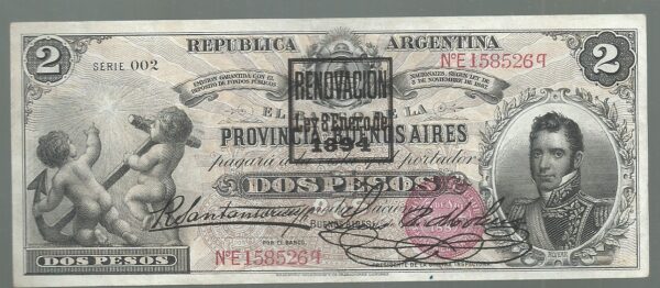 ARGENTINA 2 PESOS BUENOS AIRES RESELLO 1894 GARANTIDO COL 112 E