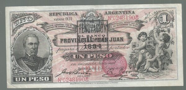ARGENTINA 1 PESOS SAN JUAN RESELLO 1894 GARANTIDO COL 90 C