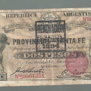 ARGENTINA 2 PESOS SANTA FE RESELLADO 1894 GARANTIDO COL 115