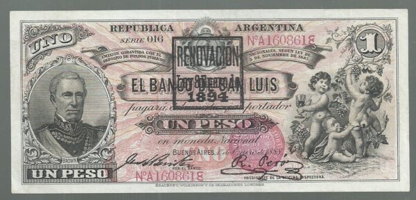 ARGENTINA 1 PESO SAN LUIS RESELLADO 1894 GARANTIDO COL 103 a