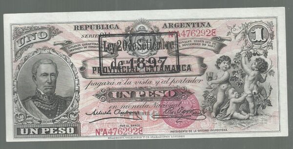 ARGENTINA 1 PESO CATAMARCA RESELLADO 1897 GARANTIDO COL 99