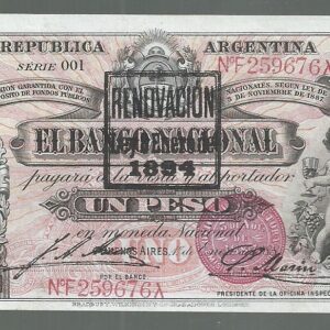 ARGENTINA 1 PESO NACIONAL RESELLADO 1894 GARANTIDO COL 056b