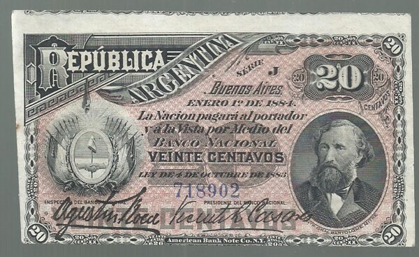 ARGENTINA FRACCIONARIO 20 CENTAVOS 1884 COL 014