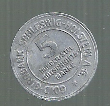 ALEMANIA SCHLESWIG-HOLSTEIN GOLD GIROBANK 5 GUTSCHRIFTSMARKE 1923