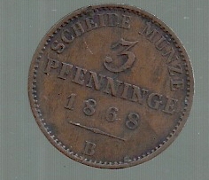 ALEMANIA PRUSIA 3 PFENNING 1/120 THALER 1868 B