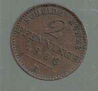 ALEMANIA PRUSIA 2 PFENNING 1/180 THALER 1868 B HANNOVER