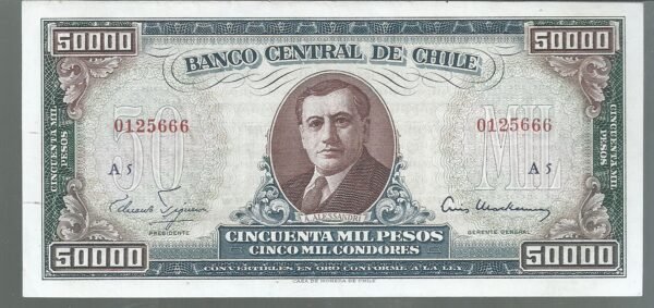 CHILE 50 ESCUDOS/50000 PESOS SERIE A BLOCK 5 PICK 133 AU