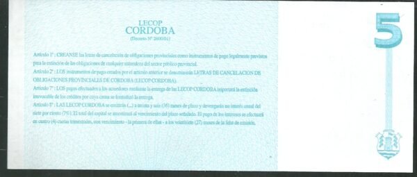 ARGENTINA BONO CORDOBA 5 PESOS COL 289 UNC - Imagen 2