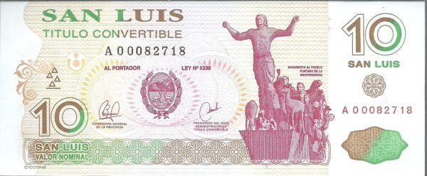 ARGENTINA BONO SAN LUIS 10 PESOS COL 430 UNC