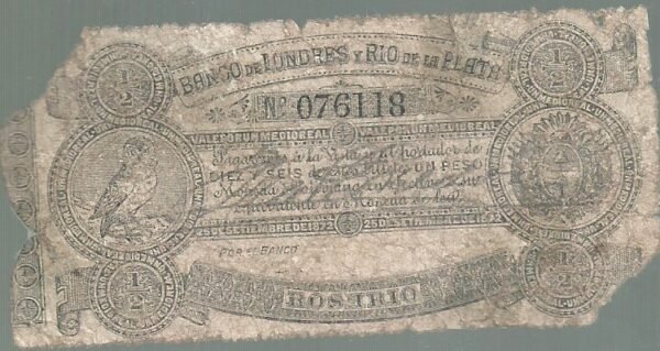 ARGENTINA BANCO DE LONDRES Y RIO DE LA PLATA 1/2 REAL 1872 R6 BAU 93