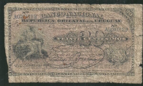URUGUAY 20 CENTIMOS 1887 PICK A88
