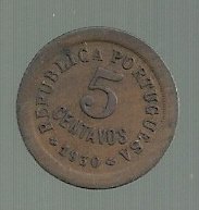 CABO VERDE 5 CENTAVOS 1930 KM 1 AU