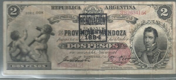 ARGENTINA BANCO GARANTIDO MENDOZA 2 PESOS COL 132 B VF+
