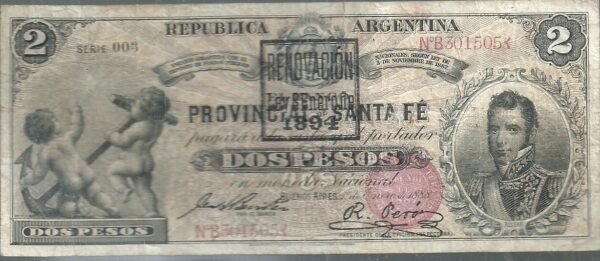 ARGENTINA BANCO GARANTIDO SANTA FE 2 PESOS COL 115 VF+