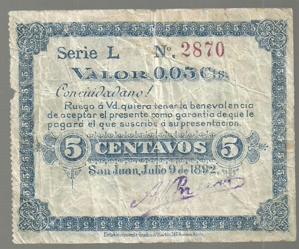 ARGENTINA 5 CENTAVOS VALE DE SAN JUAN AÑO 1892