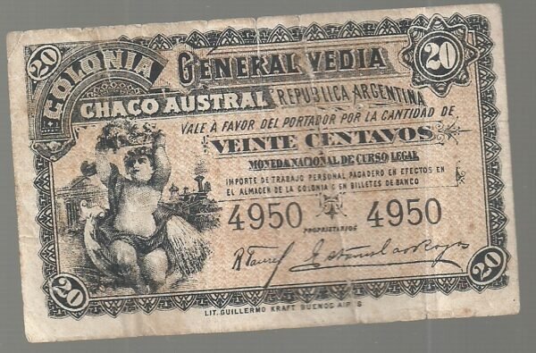 ARGENTINA COLONIA CHACO AUSTRAL  GENERAL VEDIA 20 CENTAVOS