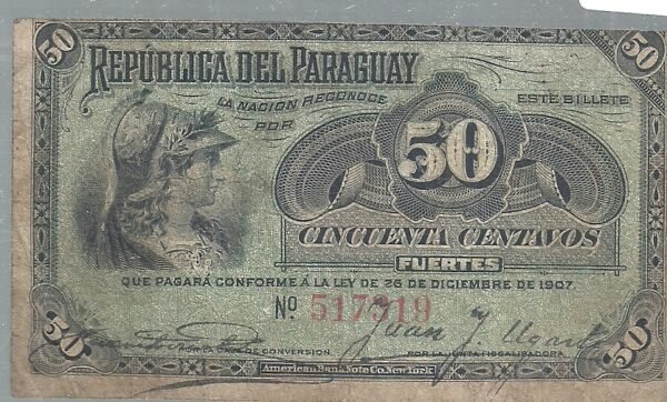 PARAGUAY 50 CENTAVOS FUERTES 1907 P137 VF-