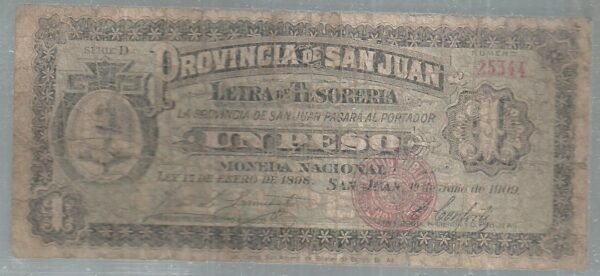 ARGENTINA SAN JUAN LETRA TESORERIA 1 PESO 1909 P 2175a