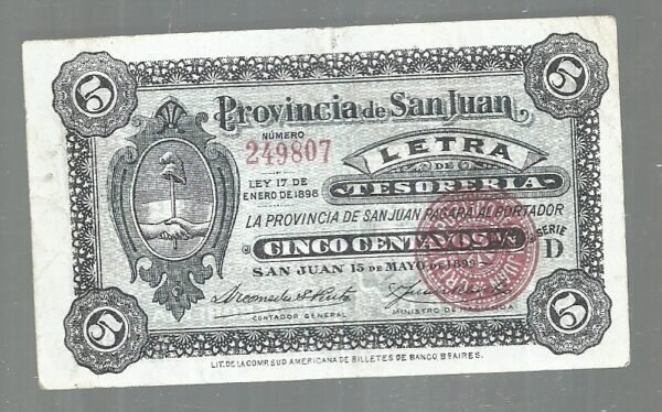 ARGENTINA SAN JUAN LETRA TESORERIA 5 CENTAVOS 1899