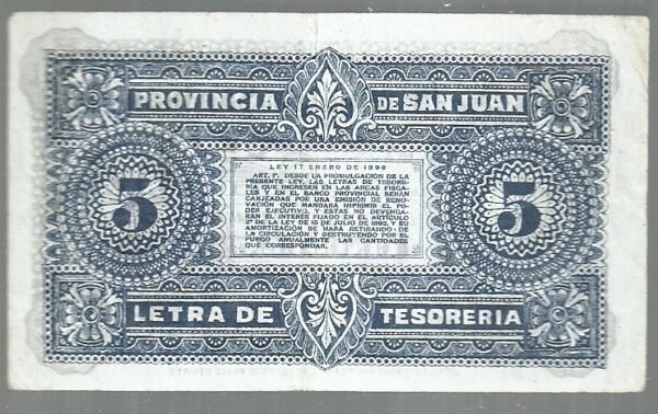 ARGENTINA SAN JUAN LETRA TESORERIA 5 CENTAVOS 1899 - Imagen 2