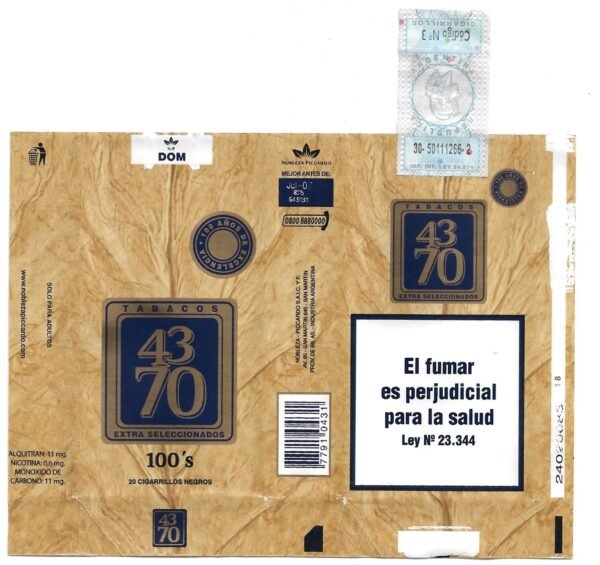 MARQUILLA 43/70 20 CIGARRILLOS INDUSTRIA ARGENTINA SOFT
