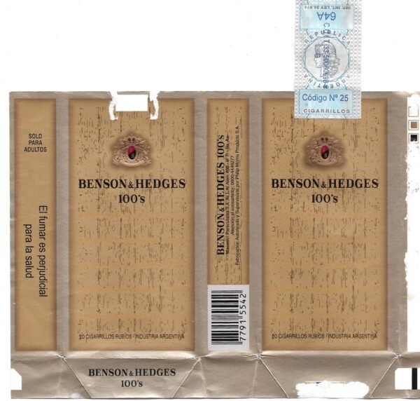 MARQUILLA BENSON & HEDGES 20 CIGARRILLOS INDUSTRIA ARGENTINA SOFT
