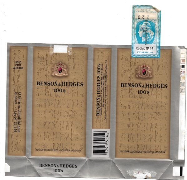 MARQUILLA BENSON & HEDGES 20 CIGARRILLOS INDUSTRIA ARGENTINA SOFT