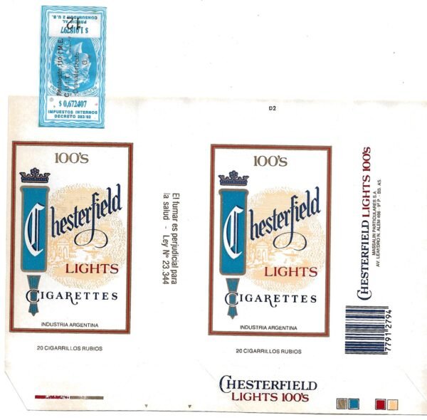 MARQUILLA CHESTERFIELD 20 CIGARRILLOS INDUSTRIA ARGENTINA SOFT