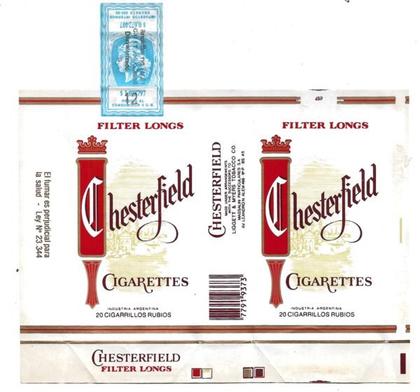 MARQUILLA CHESTERFIELD 20 CIGARRILLOS INDUSTRIA ARGENTINA SOFT