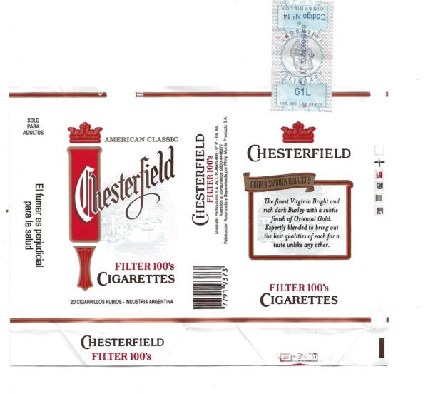 MARQUILLA CHESTERFIELD 20 CIGARRILLOS INDUSTRIA ARGENTINA SOFT