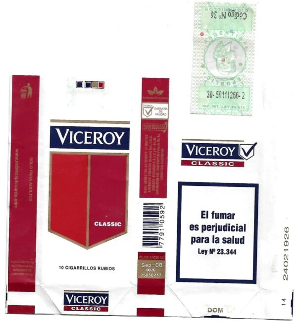 MARQUILLA VICEROY 10 CIGARRILLOS INDUSTRIA ARGENTINA SOFT
