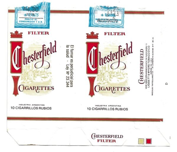 MARQUILLA CHESTERFIELD 10 CIGARRILLOS INDUSTRIA ARGENTINA SOFT